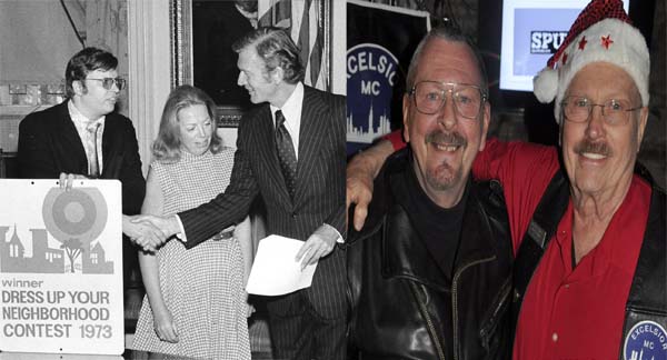 left: Richard Majewski, left, shaking hands with NYC Mayor John V. Lindsay, 1973 photo courtesy of Ted Thompson - right: veteran leathermen: Richard Majewski, right, with Robert Wendell, at the Eagle NYC, 2019 photo by Bruce-Michael Gelbert